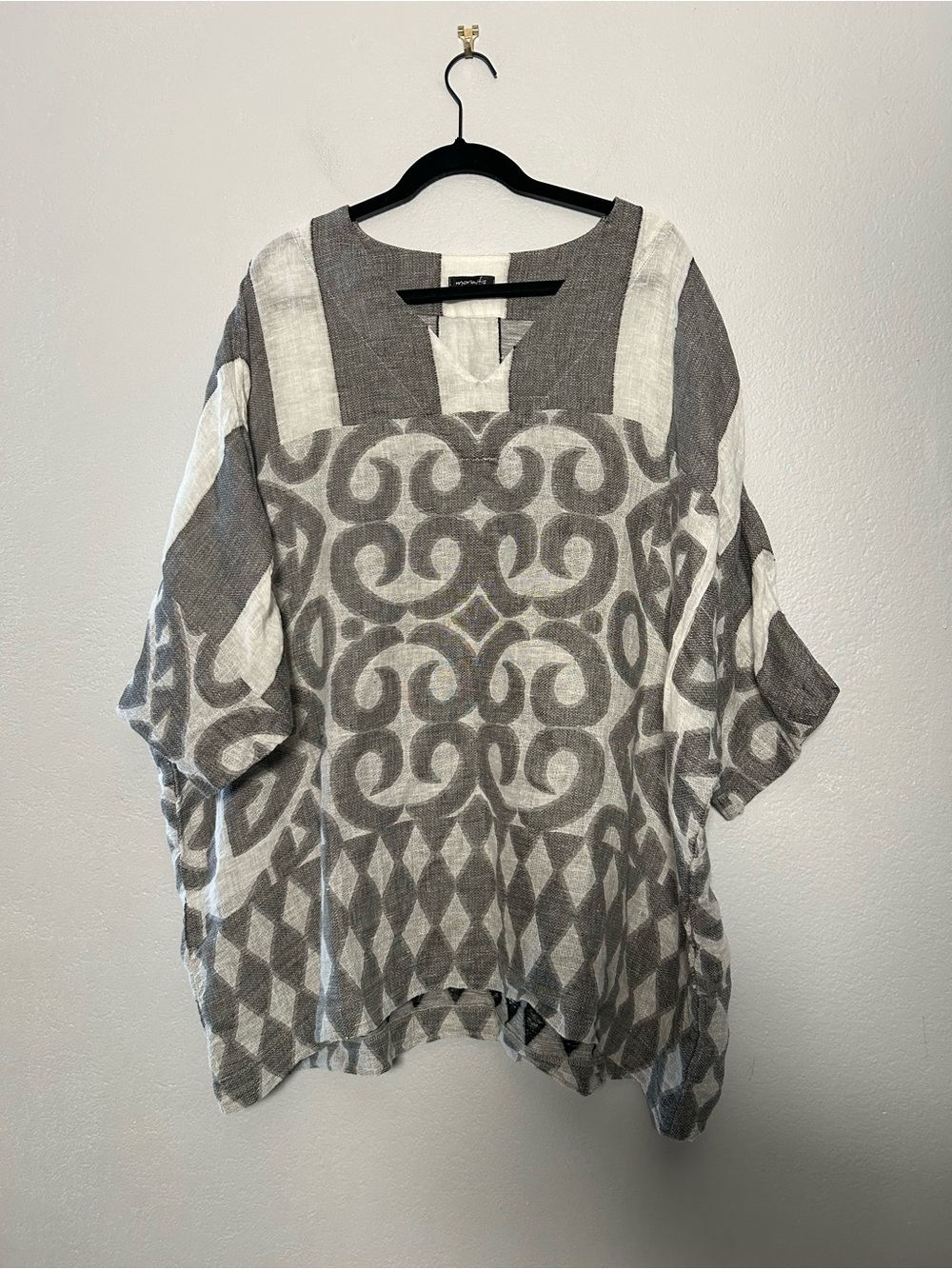 100% Linen Lightweight Gray & White Patterned Women’s Tunic Top from Greece